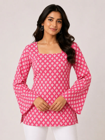 Women's Pink Printed Corset Style Kurti with Square Neck, Full Bell Sleeves and Adjustable Back Tie-Up for Casual Wear