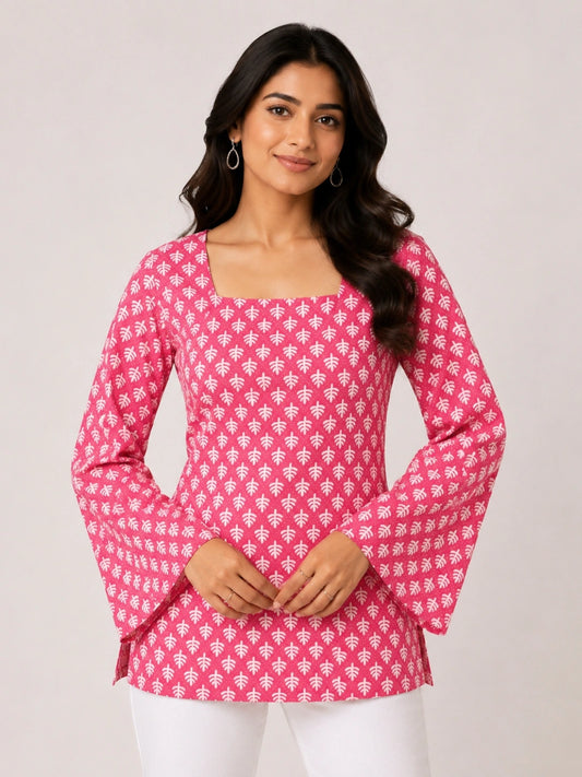 Women's Pink Printed Corset Style Kurti with Square Neck, Full Bell Sleeves and Adjustable Back Tie-Up for Casual Wear
