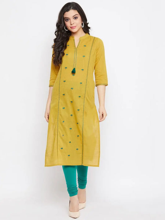 winered-mustard-yellow-straight-cotton-embroidered-kurta