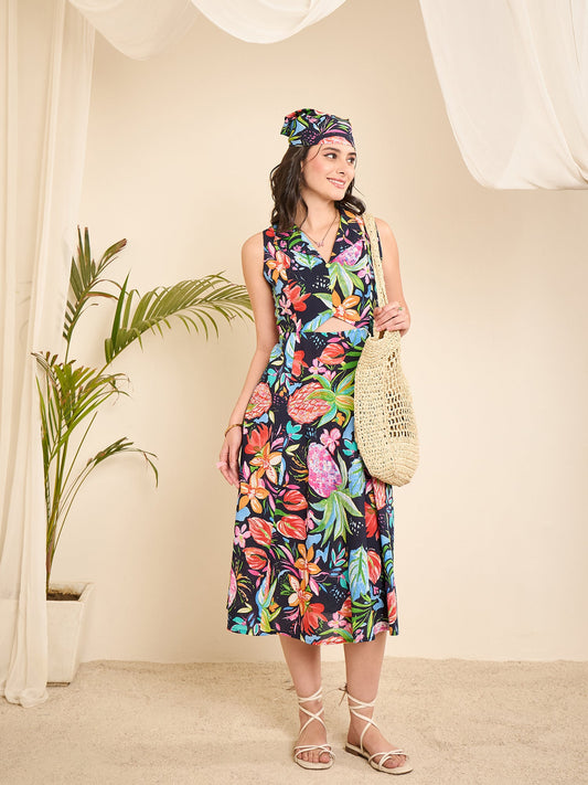 women-navy-blue-cotton-printed-front-triangle-cut-out-a-line-dress