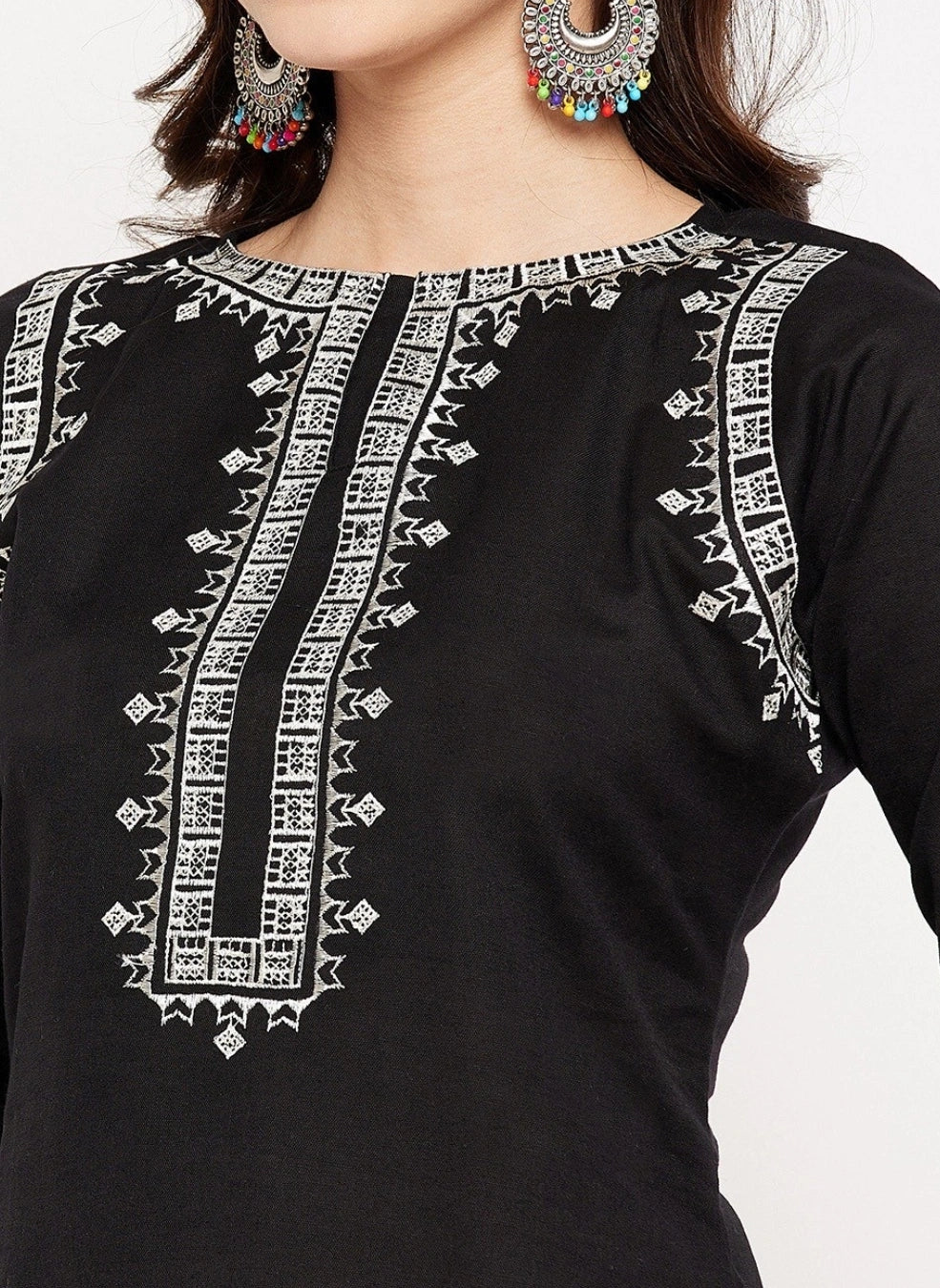 Women's Black Embroidered Cotton Kurta Set with Dupatta