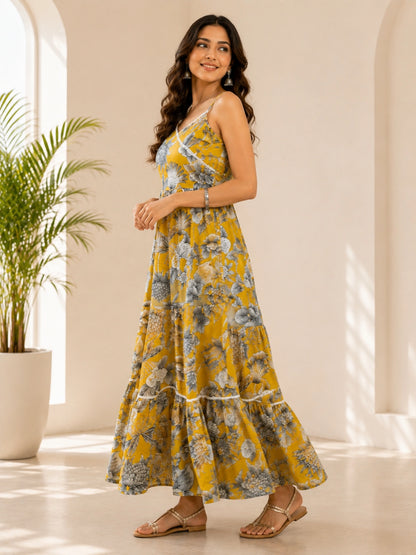 WineRed Women's Floral Printed Shoulder Strap Tiered Maxi Dress | Casual Summer Vacation Wear