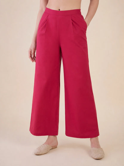 Women's Solid Pink Wide Leg Trousers
