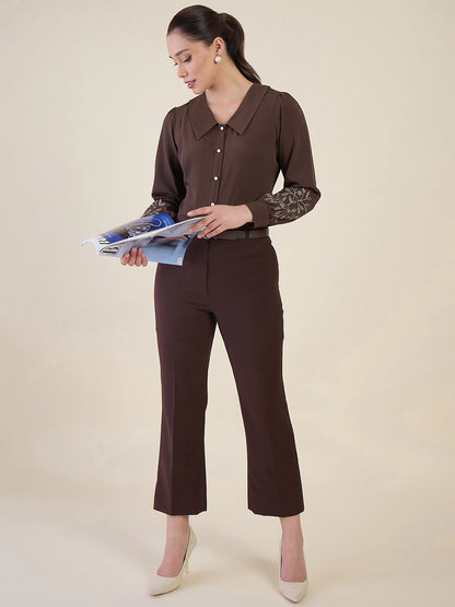 Women Brown Embroidered Peter Pan Collar Shirt