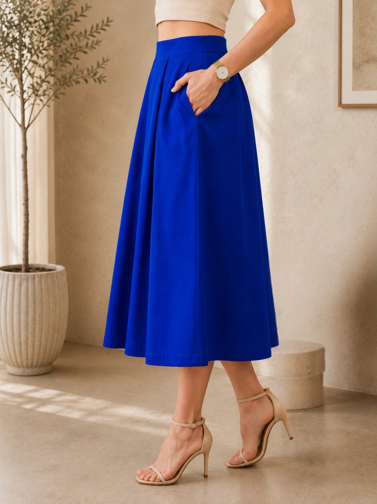 Women Solid Pleated Flared Midi Skirt