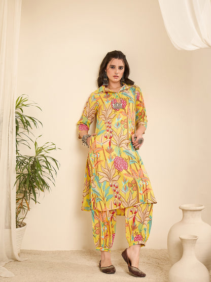 yellow-printed-collared-pathani-kurta-set