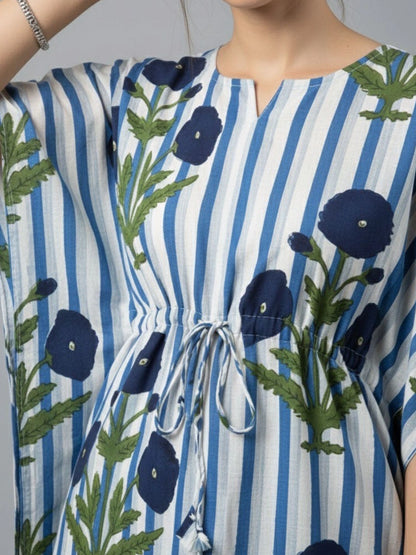 Women Blue Floral Kaftan Night-Suit Set