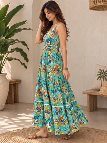 WineRed Women's Floral Printed Shoulder Strap Fit & Flare Maxi Dress | Casual Summer Vacation Wear