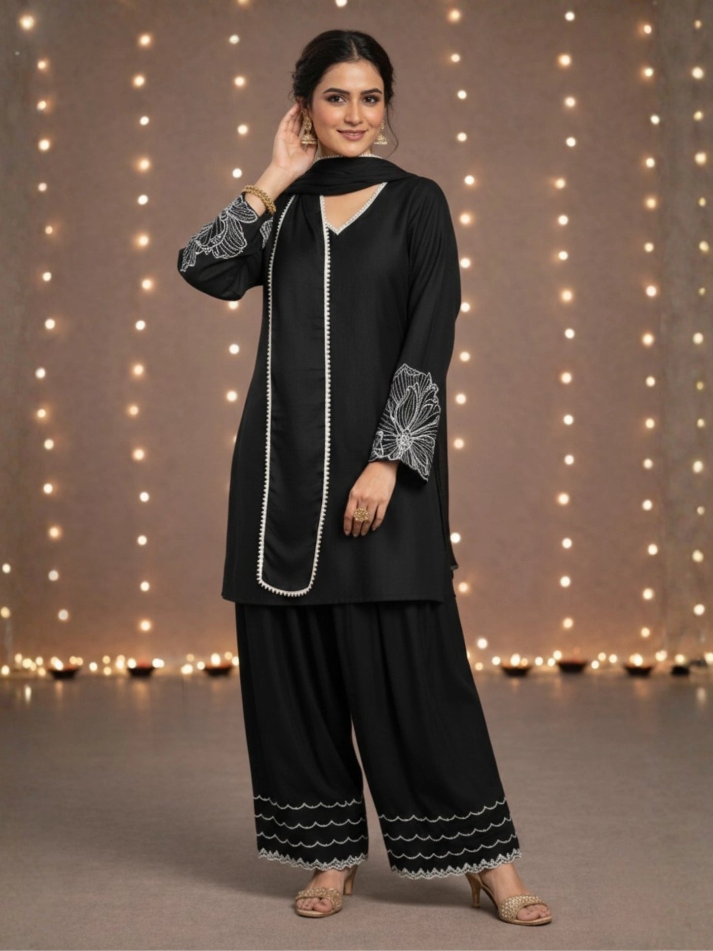 Women's Black Embroidered Kurti & Farshi Salwar set