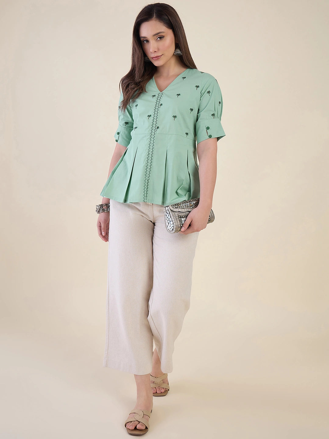 Women Mint Green Embroidered Peplum Top