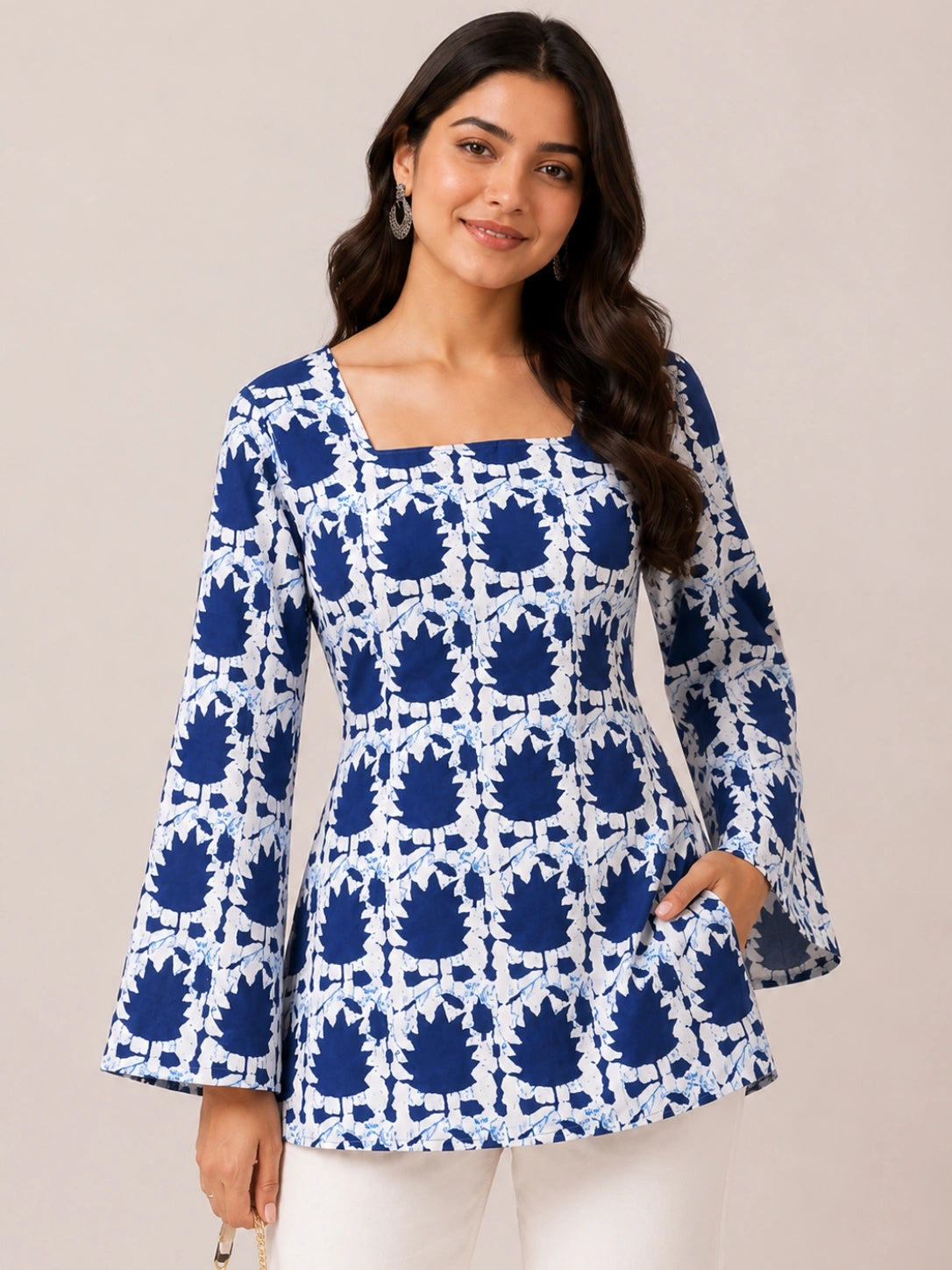 Women's Blue Abstract Print Corset Style Short Kurti with Square Neck, Bell Sleeves and Adjustable Back Tie-Up for Casual Wear