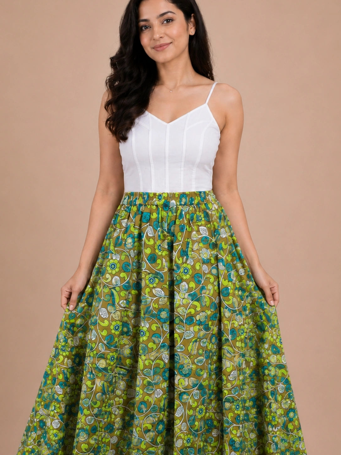 Women Cotton Ethnic Printed Maxi Flared Skirt with Contrast Lace Hem