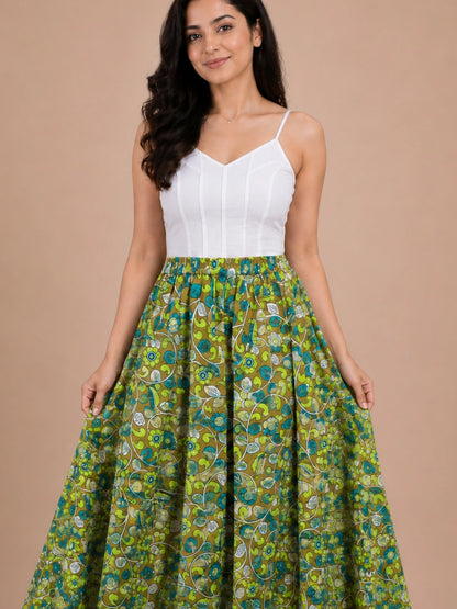 Women Cotton Ethnic Printed Maxi Flared Skirt with Contrast Lace Hem