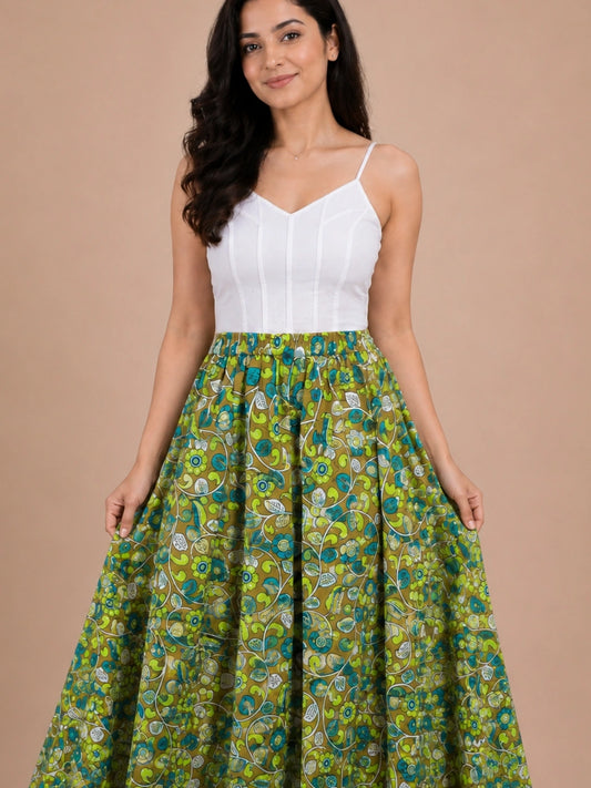 Women Cotton Ethnic Printed Maxi Flared Skirt with Contrast Lace Hem