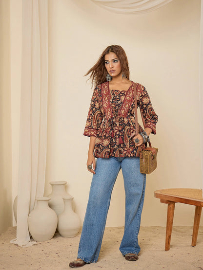 Women Cotton Navy Blue Printed Bodered Peplum Top