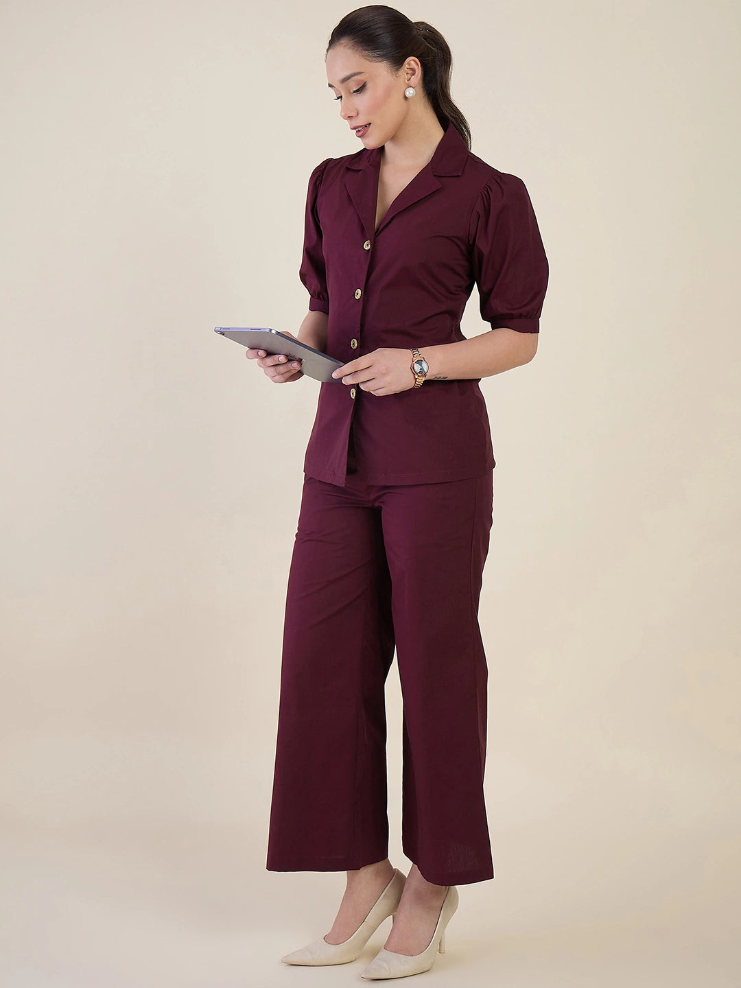 Women Burgundy Puff Sleeves Co-ord Set