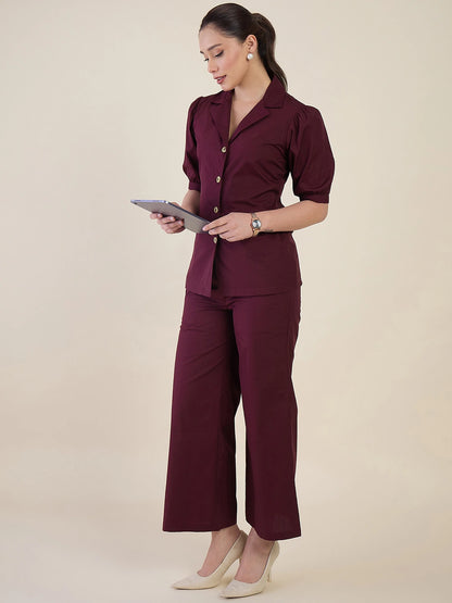 Women Burgundy Puff Sleeves Co-ord Set