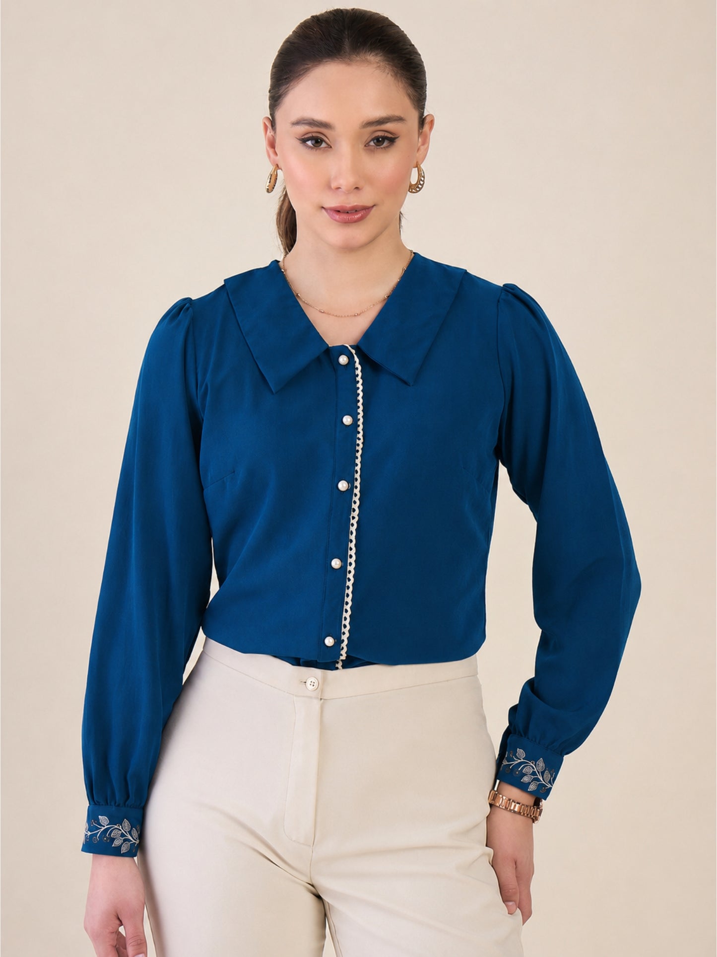 Women Blue Embroidered Cuff Shirt