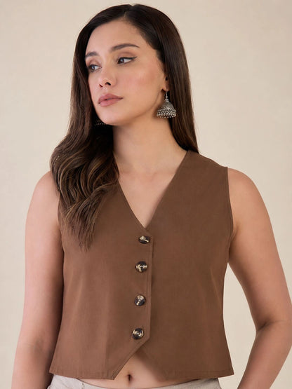 Women Solid Sleeveless V-Neck Waistcoat Top