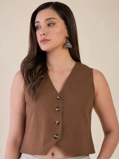 Women Solid Sleeveless V-Neck Waistcoat Top