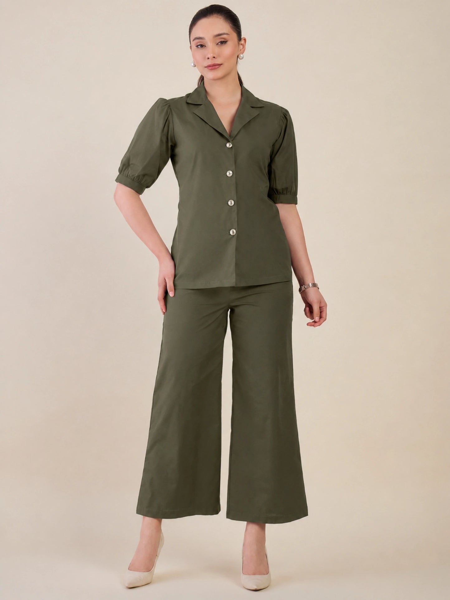 Women Olive Green Puff Sleeves Co-ord Set