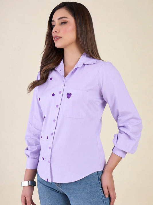 Women Lavender Heart Embroidered Casual Shirt