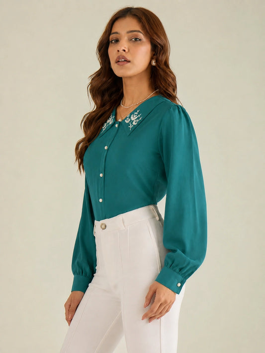Women Teal Embroidered Collar Shirt