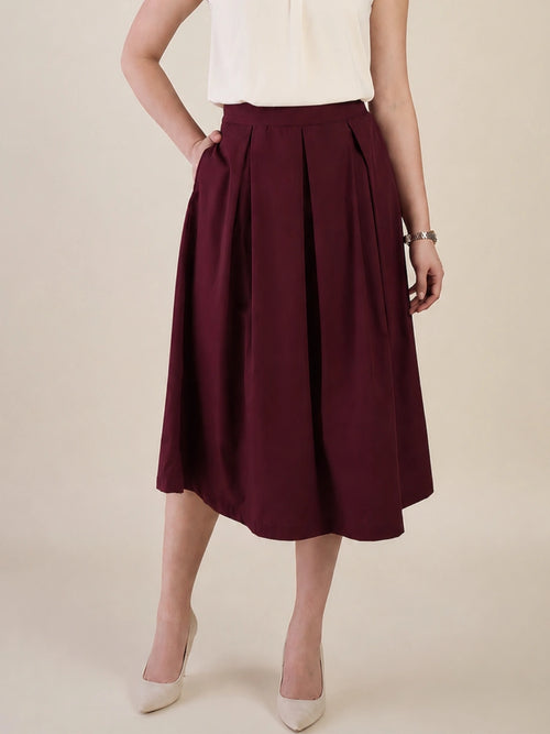 Women Bugundy Solid Pleated Flared Midi Skirt