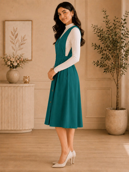 Women Solid Teal Button-Down Pinafore Dress