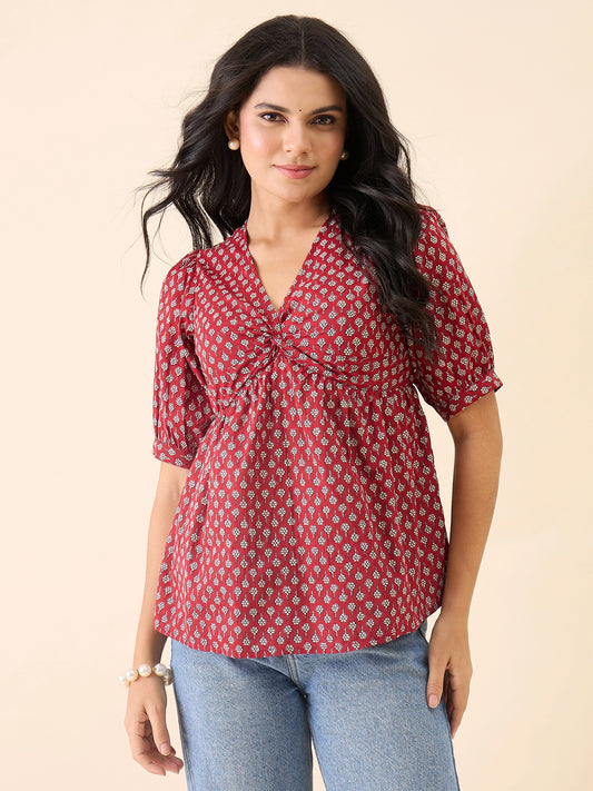 Women Maroon Twisted Yoke Top