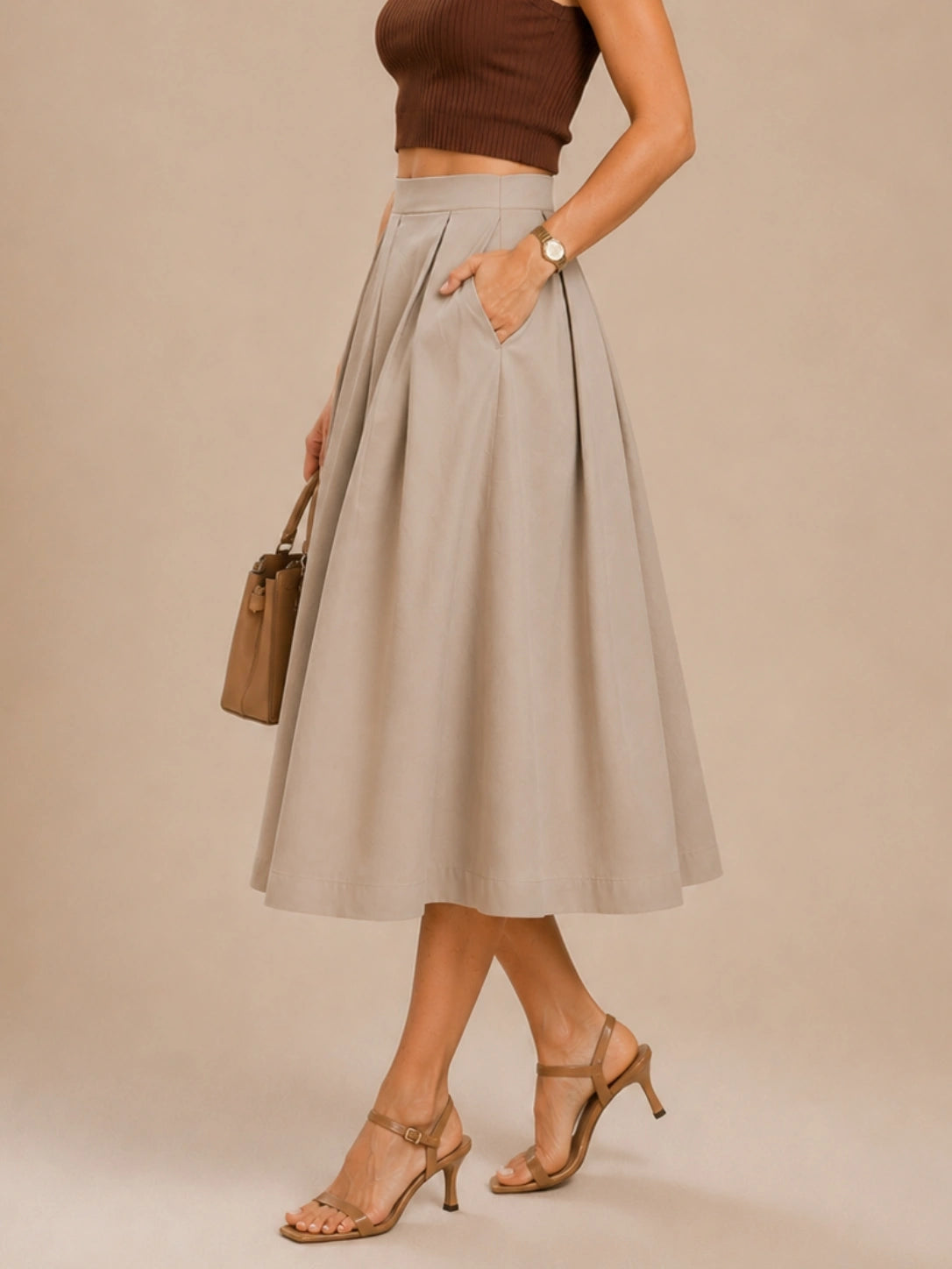 Women Beige Solid Pleated Flared Midi Skirt