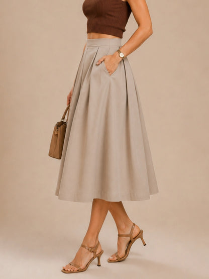 Women Beige Solid Pleated Flared Midi Skirt