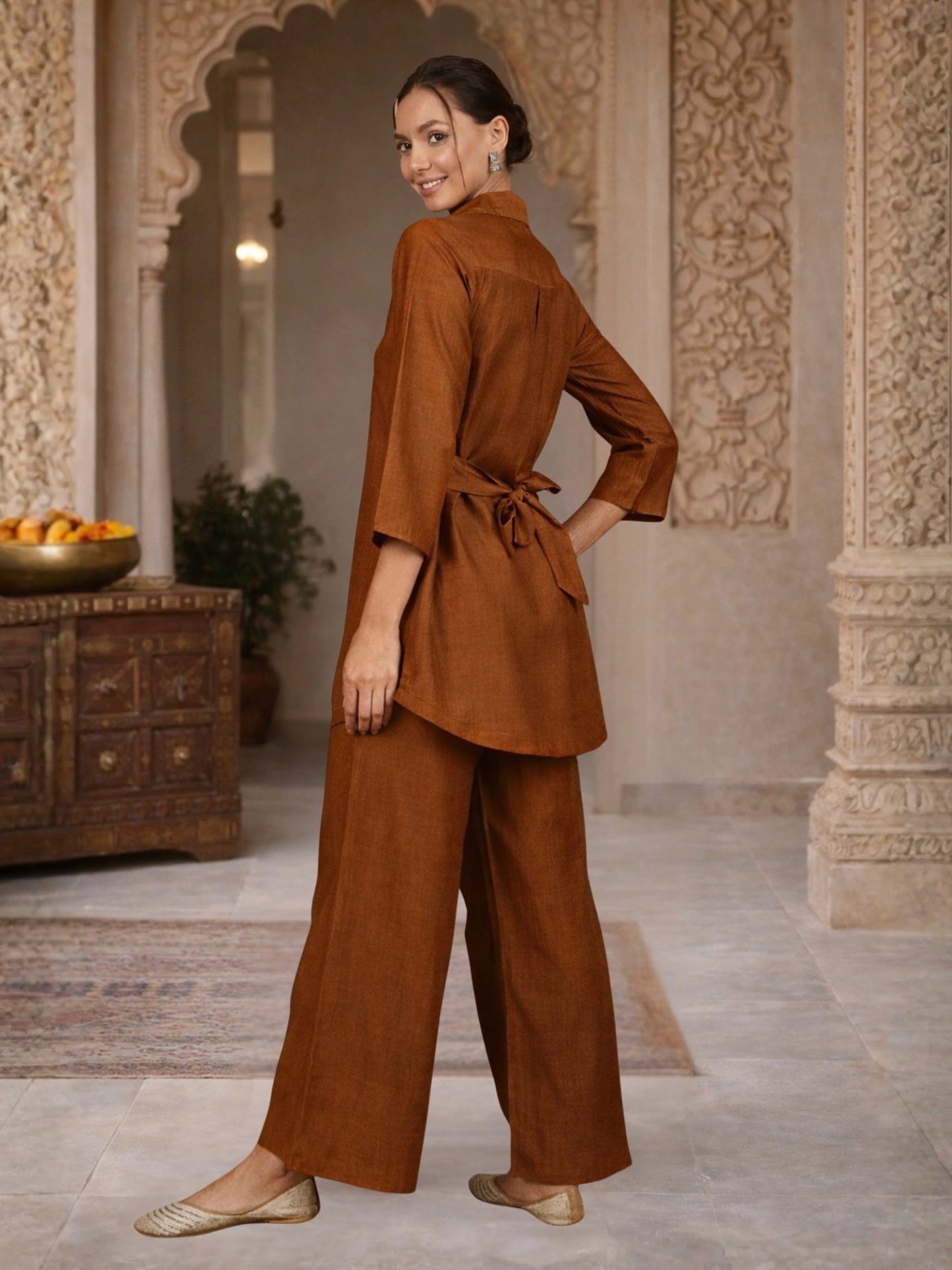Women Solid Rust Leaf Embroidery Co-Ord Set