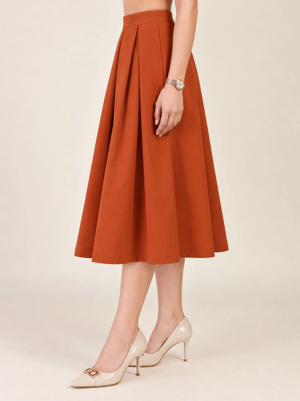 Women Solid Pleated Midi Skirt