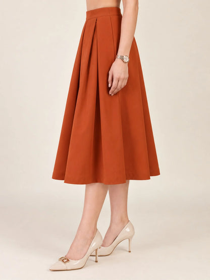 Women Solid Pleated Midi Skirt