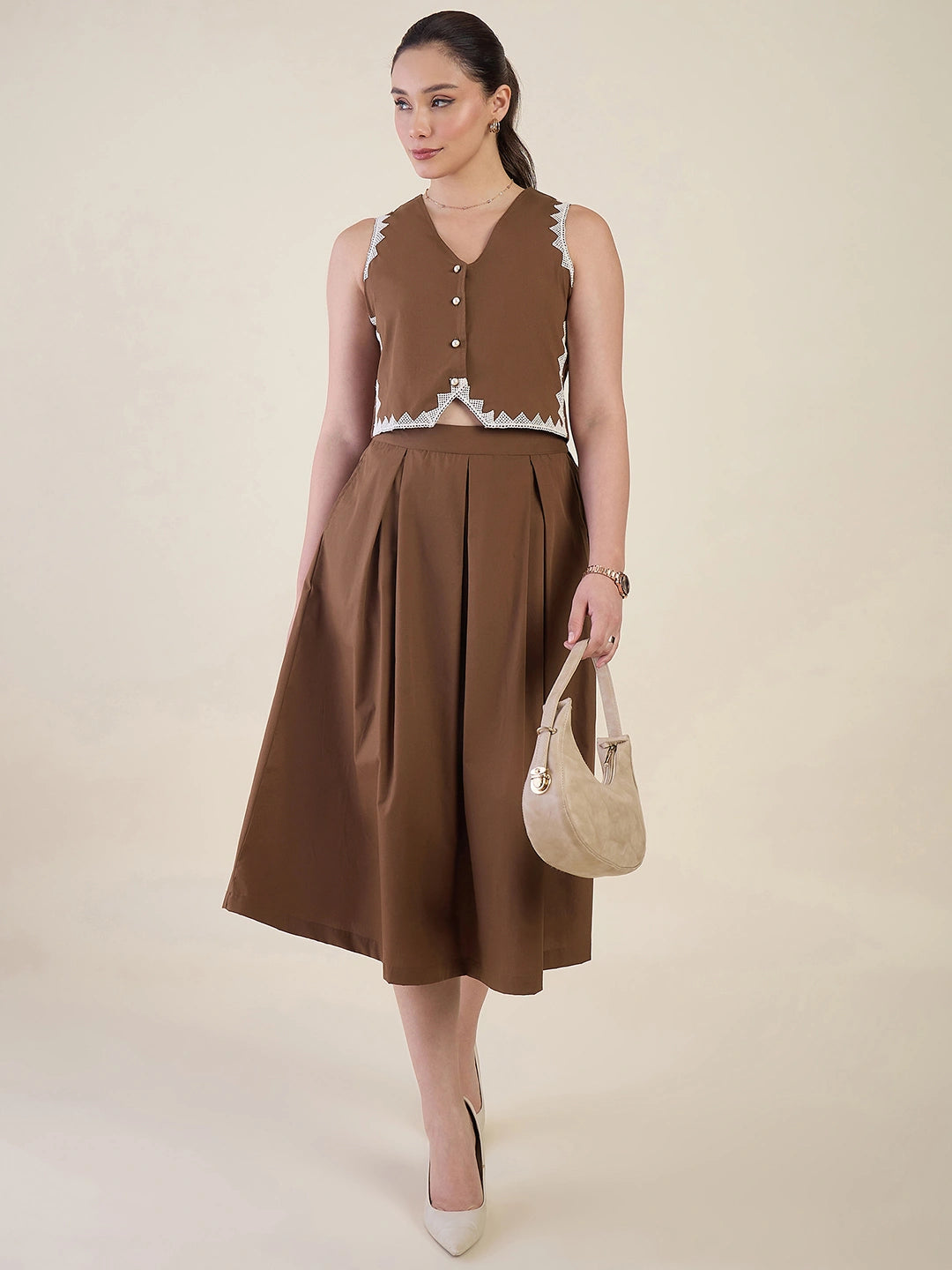 Women Brown Vest & Skirt Co-ord Set