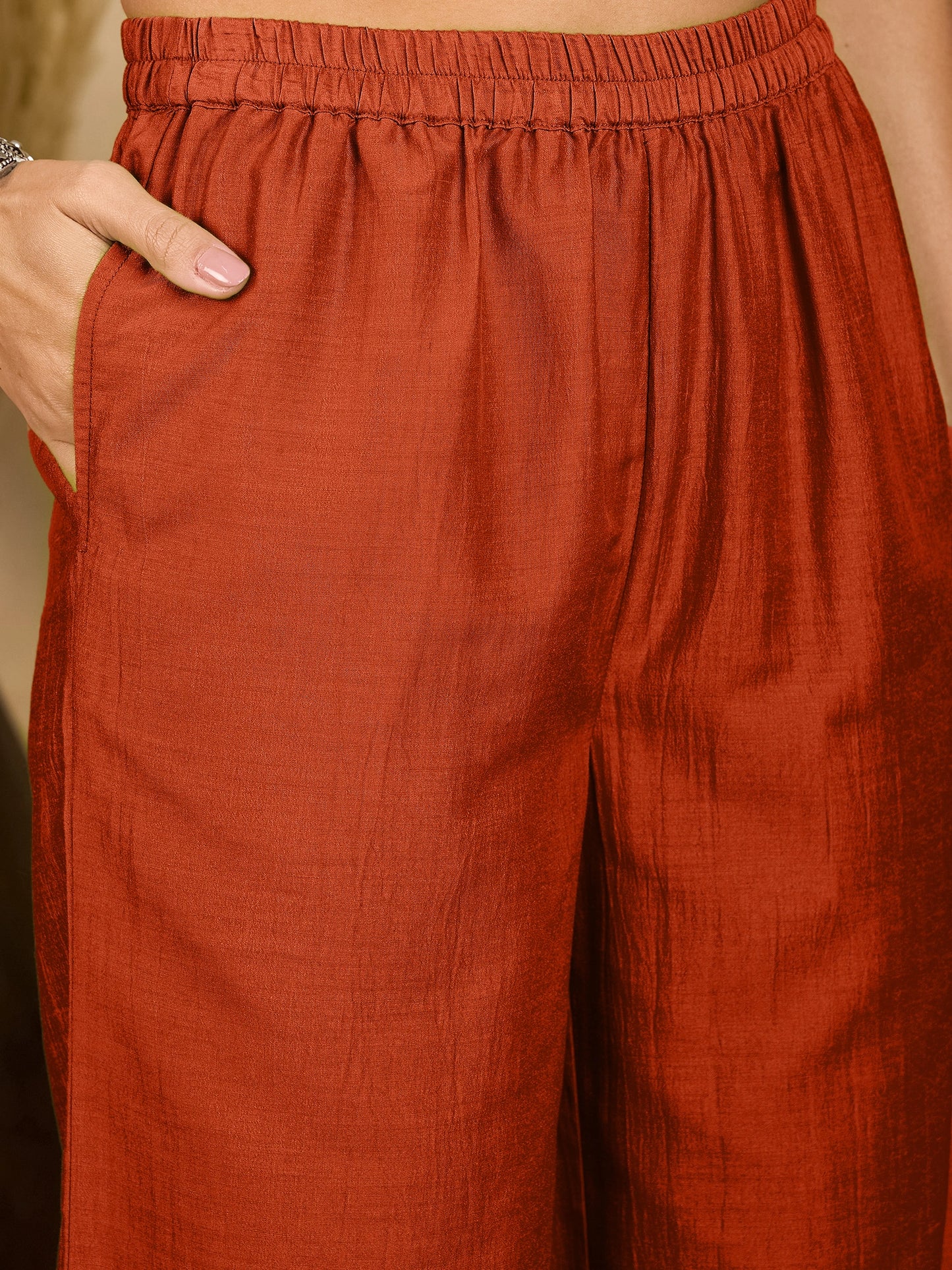 Women Rust Embroidered Polyester Shirt & Pant Co-ord Set