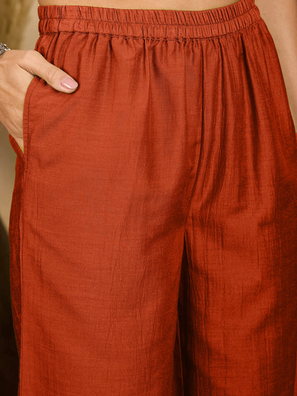 Women Rust Embroidered Polyester Shirt & Pant Co-ord Set