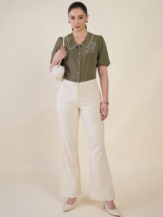 Women Olive Green Embroidered Shirt Top