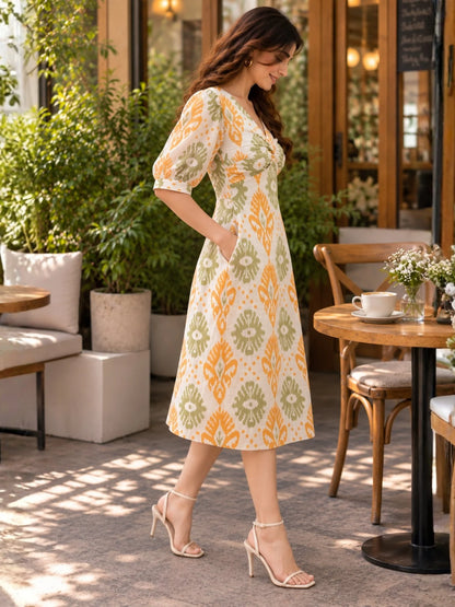 Women Twisted Yoke Printed Cotton Dess
