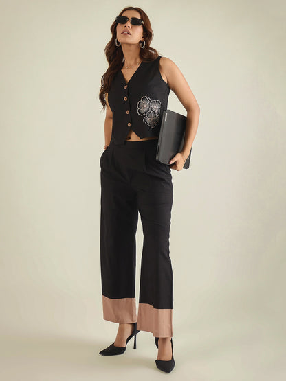 Black cotton embroidered waistcoat with color-blocked co-ord set
