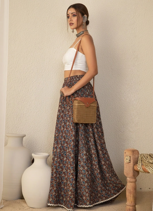Women Brown Ethnic Printed Cotton Maxi Skirt