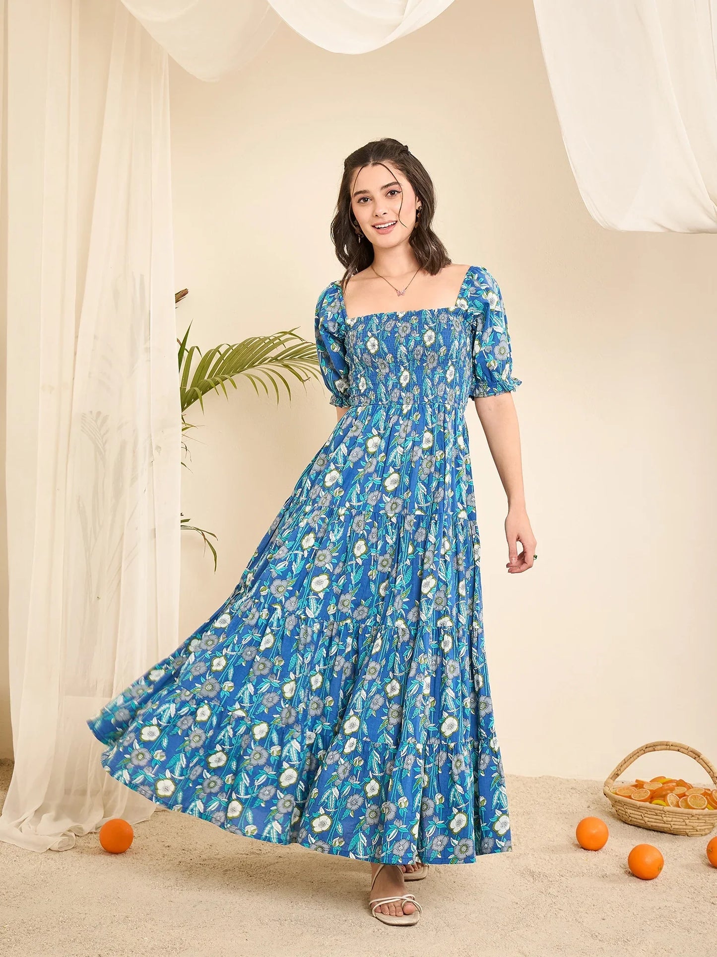 women-blue-floral-print-smocked-flare-dress