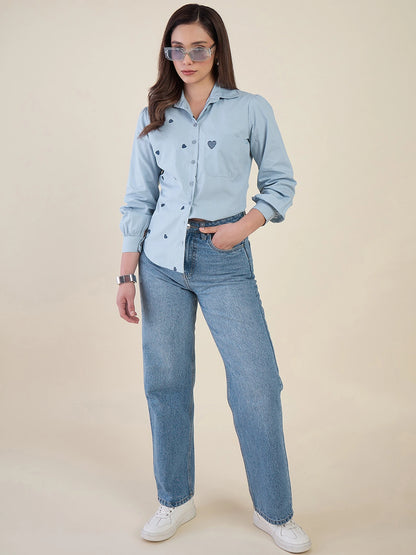 Women Blue Heart Embroidered Casual Shirt