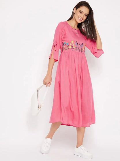 winered-pink-gathered-rayon-embroidered-dress