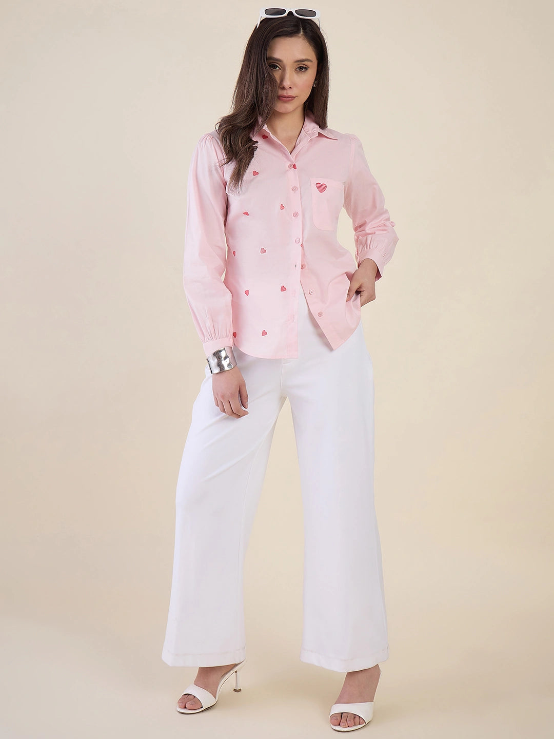 Women Pink Heart Embroidered Casual Shirt