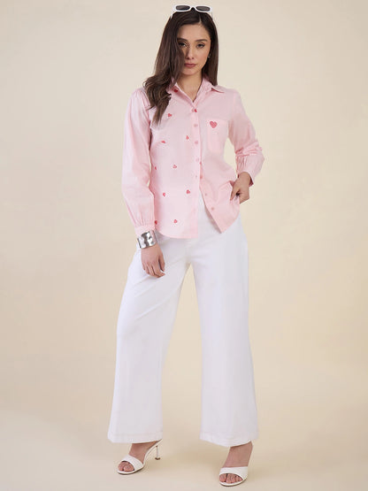 Women Pink Heart Embroidered Casual Shirt
