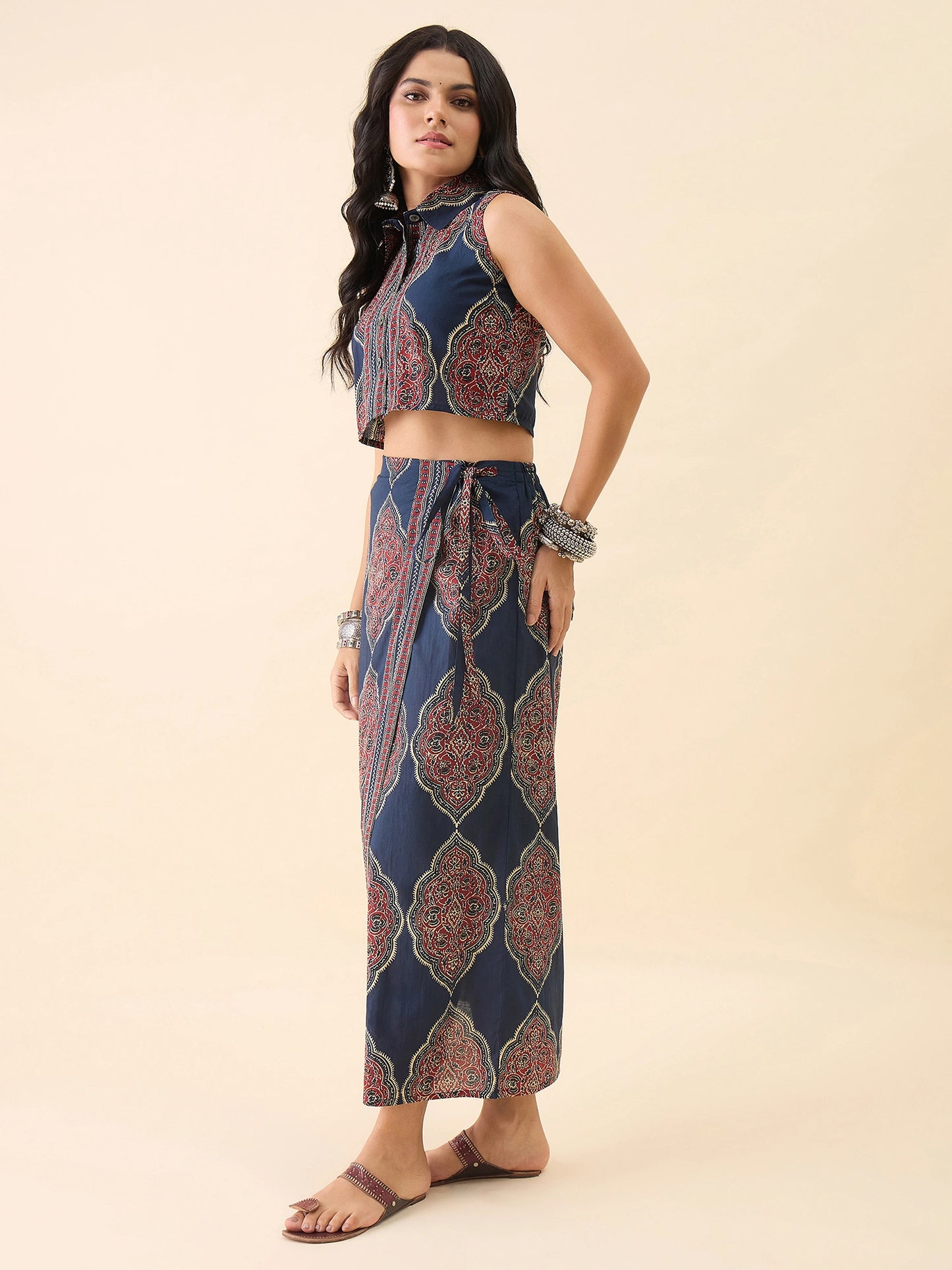 Women's Ethnic Printed Crop Shirt & Wrap Skirt Co-ord Set