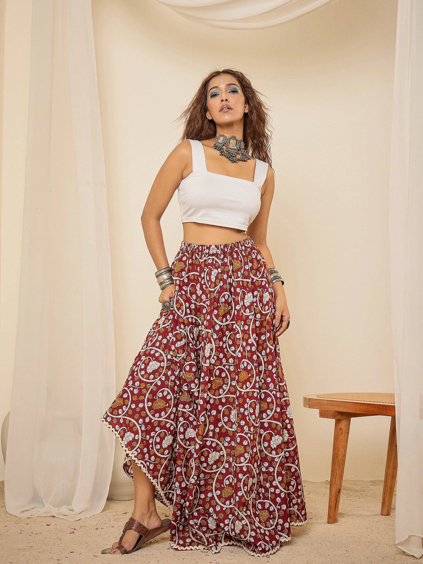 women-maroon-ethnic-print-cotton-maxi-skirt