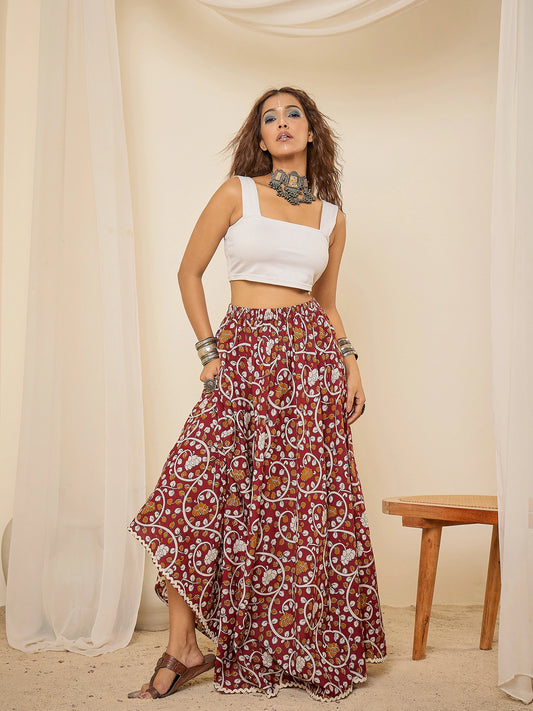women-maroon-ethnic-print-cotton-maxi-skirt